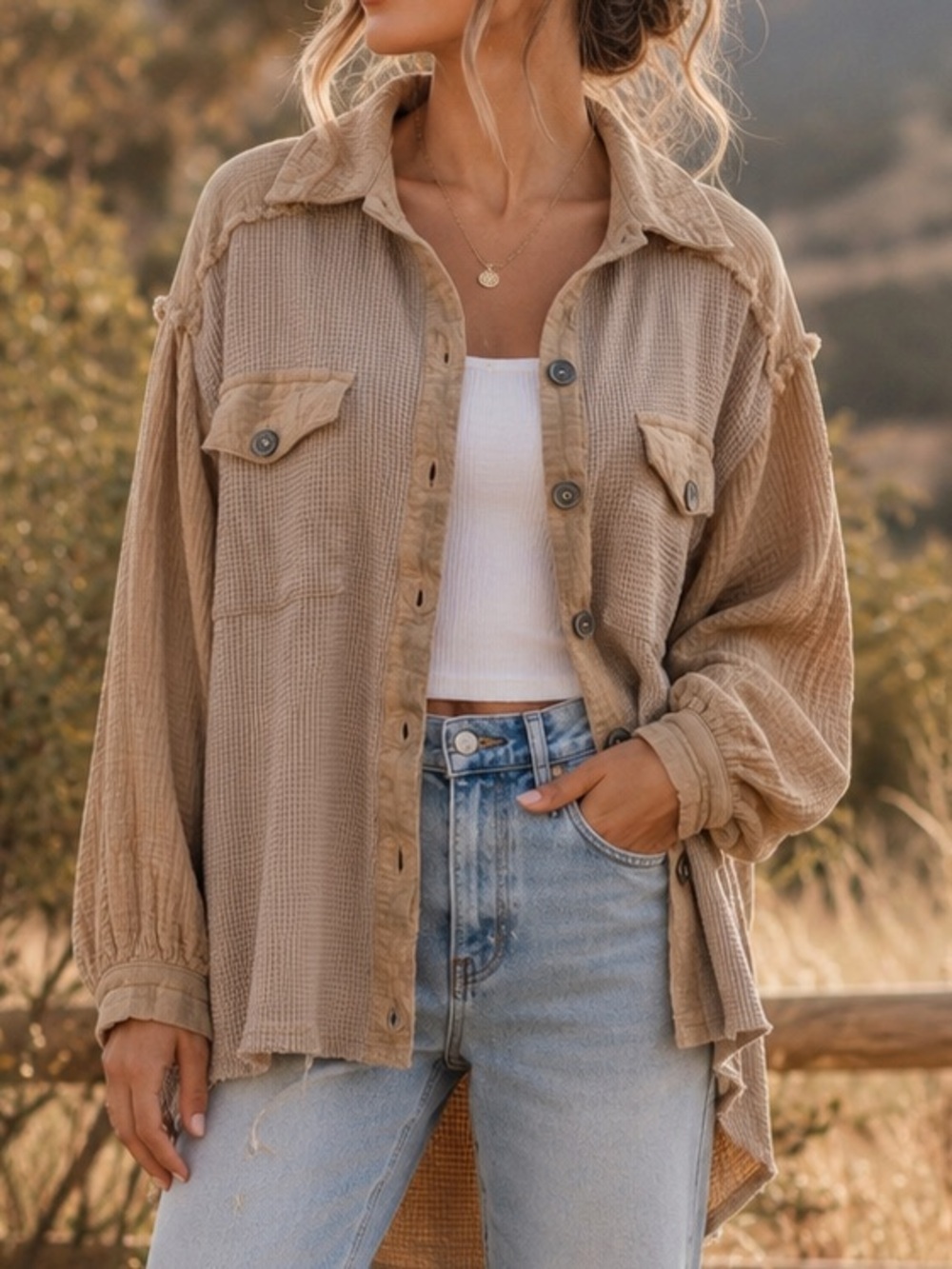 POL Oversized Waffle Knit Gauze Button Front Shacket Boho Raw Hem Small